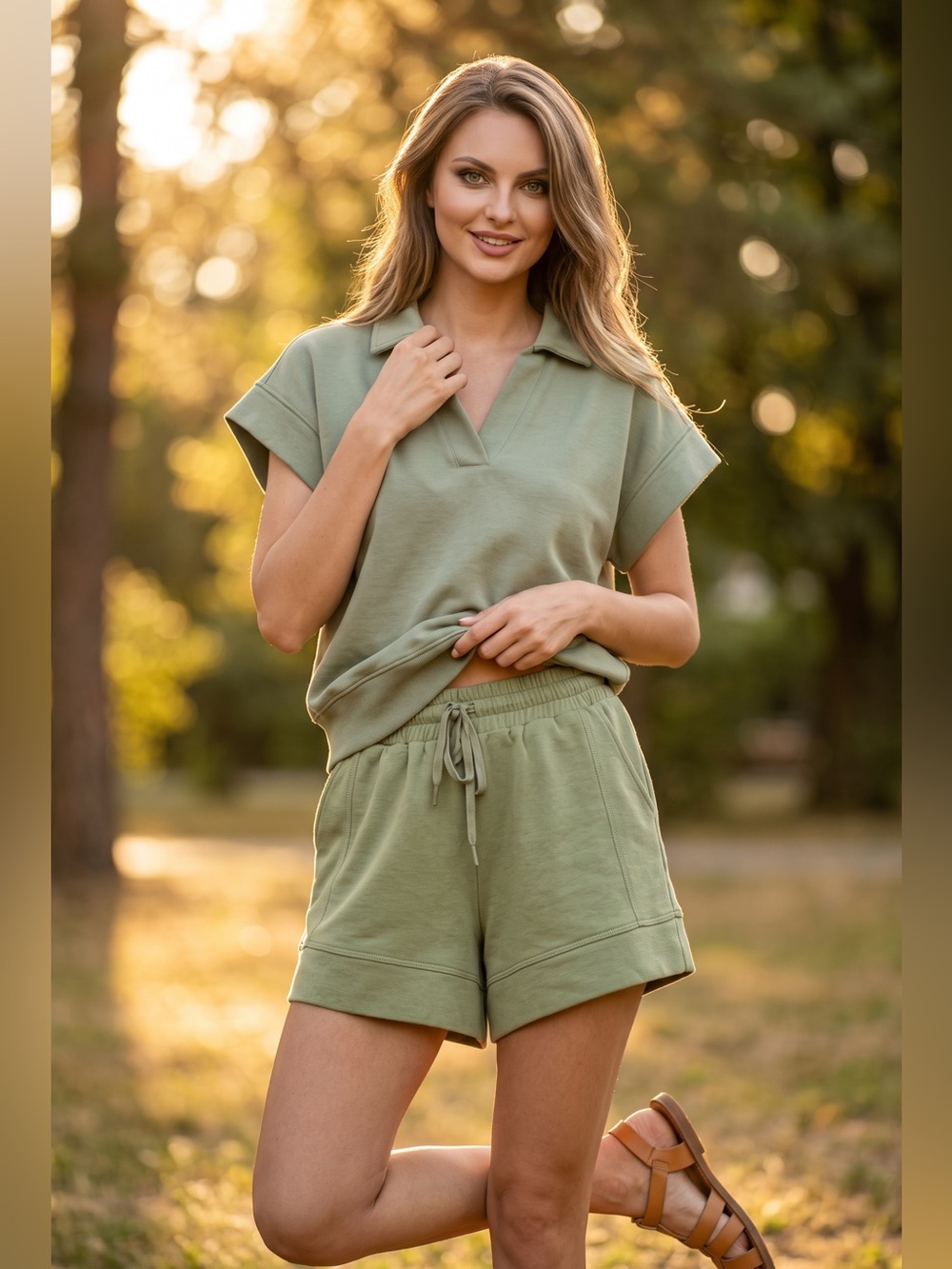 Umgee NEE!! Relaxed Polo V-Neck Top in Sage Green With Matching Short Set